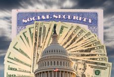 Flag flies in front of Capitol in DC with cash and social security card to illustrate funding issues for retirement 