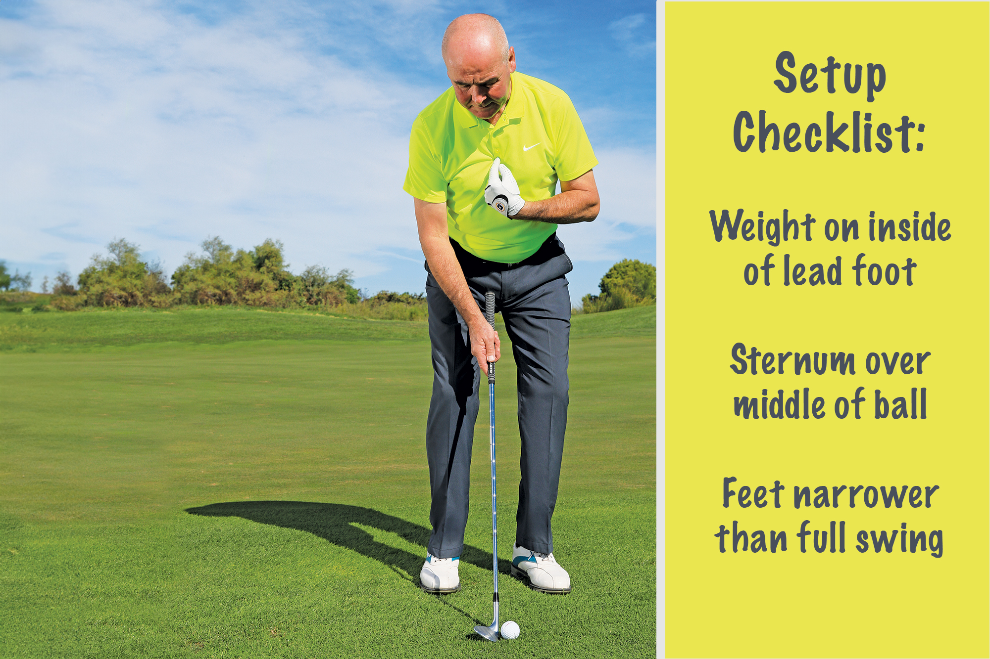 Golf Monthly Top 50 Coach Keith Williams demonstrating the correct setup to spin chip shots around the green, with an inset rectangle boxout checklist reading' weight on inside of lead foot, sternum over middle of ball, feet narrower than full swing'