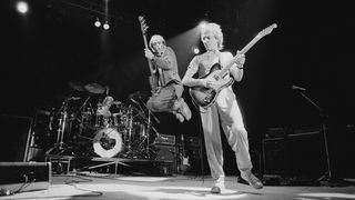 English rock group The Police performing in Philadelphia, Pennsylvania during the band's Ghost In The Machine Tour,USA, 1981. Left to right: Stewart Copeland (drums), Sting and Andy Summers.