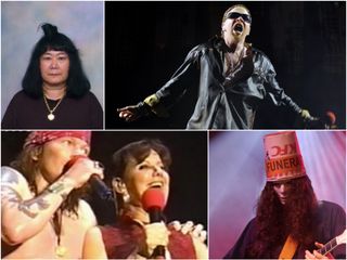 Clockwise from top left: Psychic adviser Sharon "Yoda" Maynard, Axl, guitarist Buckethead, manager Beta Lebeis and Axl at Rock In Rio, 2001.