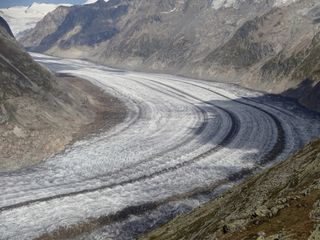 Aletsch glacier is the largest glacier in the European Alps with an area of 80 km2 and an estimated volume of about 12 km3.