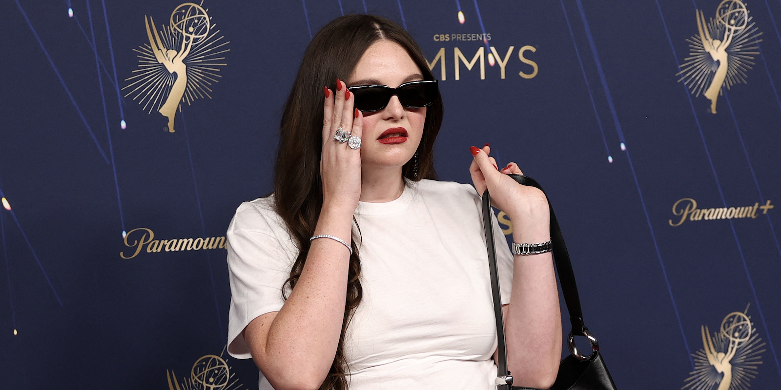 US actress Megan Stalter arrives for the 77th Primetime Emmy Awards at the Peacock Theatre at LA Live in Los Angeles on September 14, 2025.