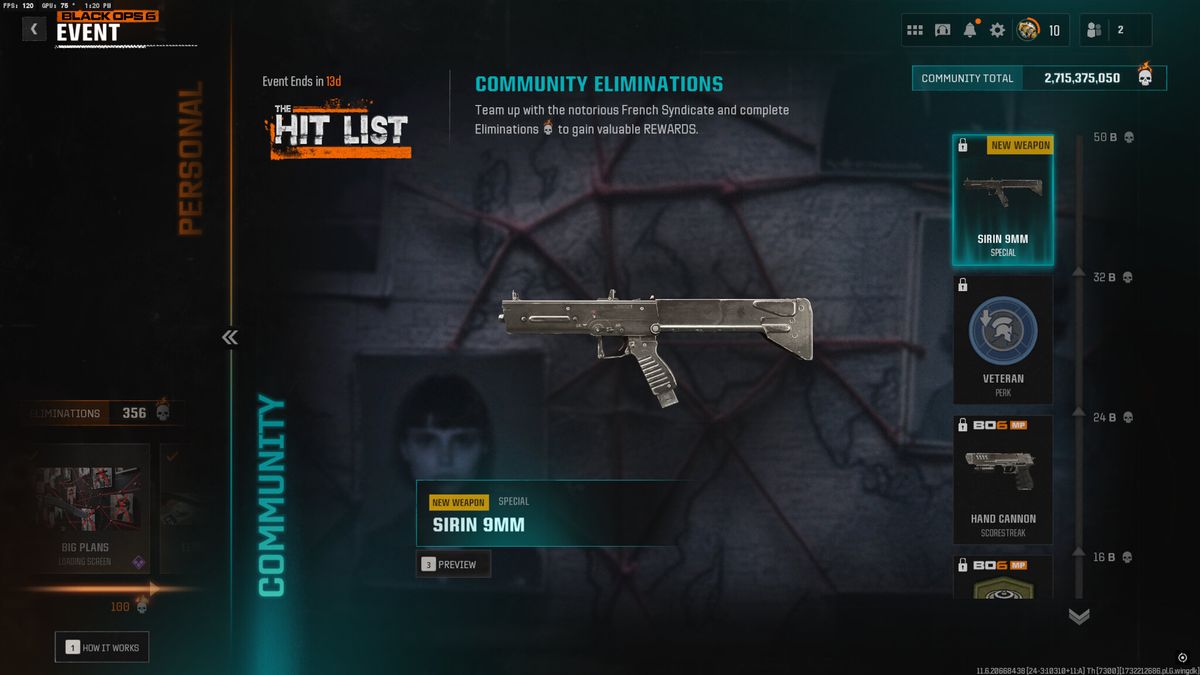 The new Sirin 9mm secondary weapon that will be unlocked if the community hits the target during the Hit List event in Black Ops 6.