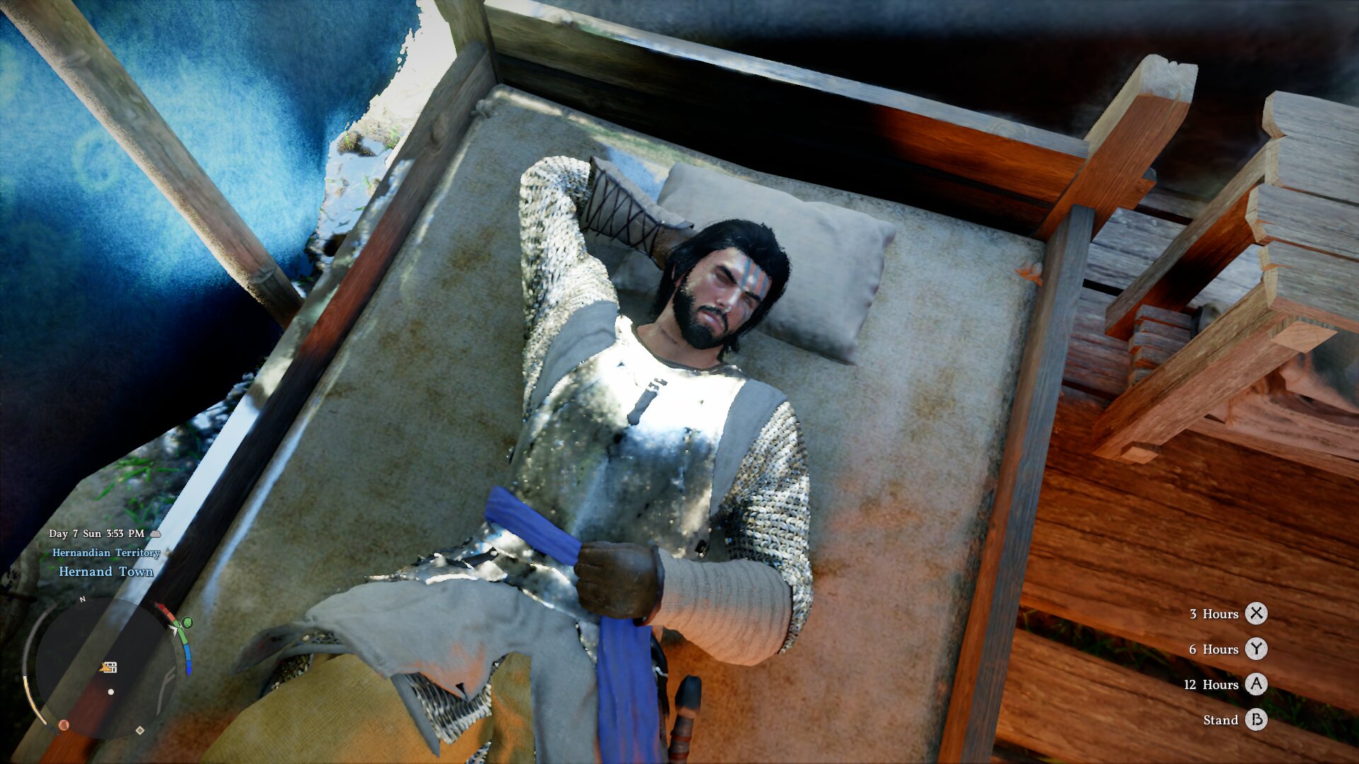 Crimson Desert screenshot of Kliff resting in a bed