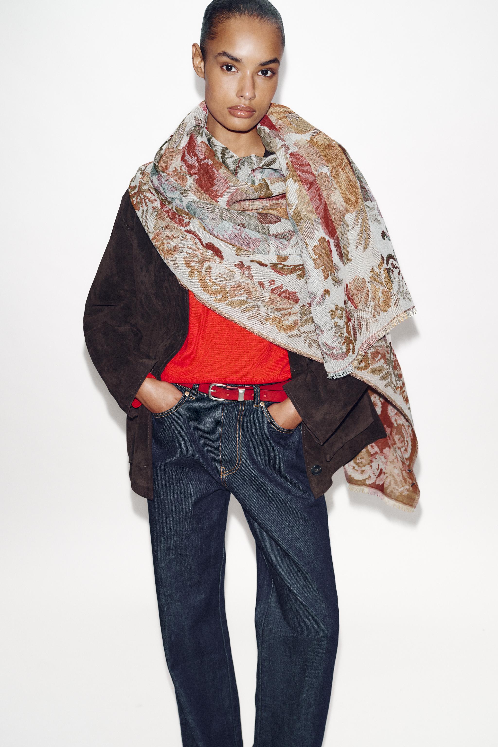 Floral Print Jacquard Wool Blend Scarf
