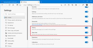 Microsoft Edge enable history and tabs sync
