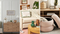 three images: the first is a cabinet with decor on top and a picture frame hanging on the wall, the second is a couch with a pillow in top and a coffee table with vases on it, and the third is a blush pink storage ottoman