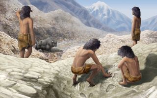 illustration depicts two hominin children making handprints on the ground as two older hominins stand nearby