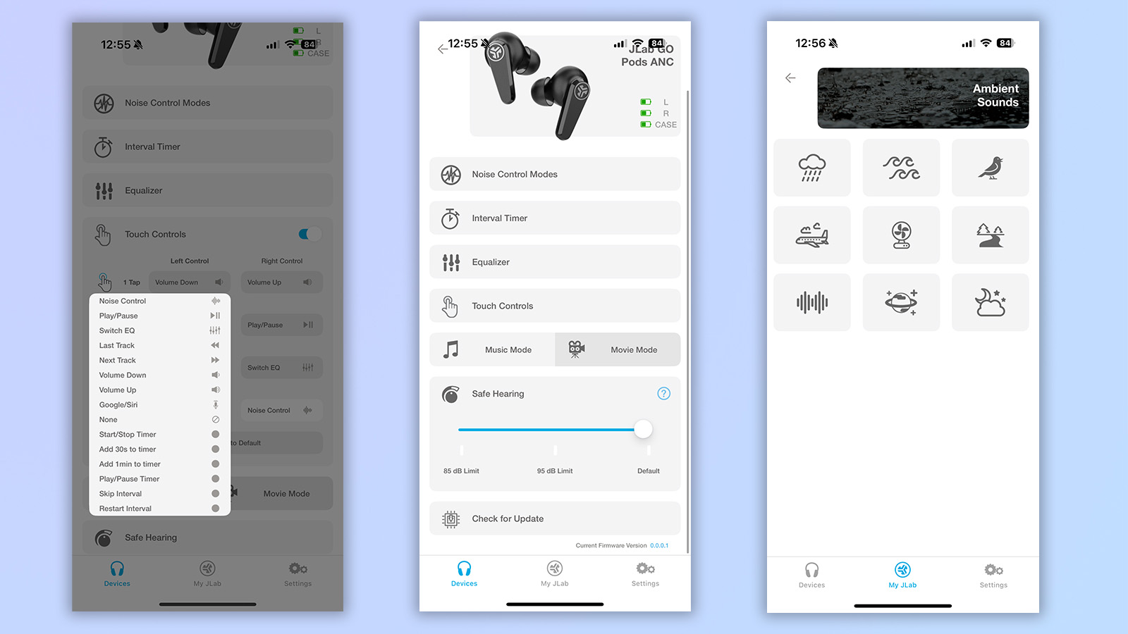 screenshots from the JLab app showing compatibility with the JLab go pods anc