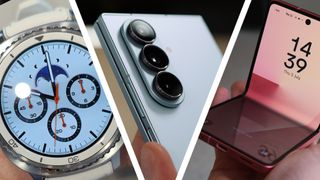The Samsung Galaxy Watch 8 next to the Z Fold 7 and Z Flip 7