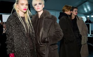 Models wear a range of teddy coats, in leopard print, grey, black and beige
