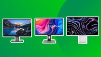 Three of the best monitors for MacBook Pro on a green background