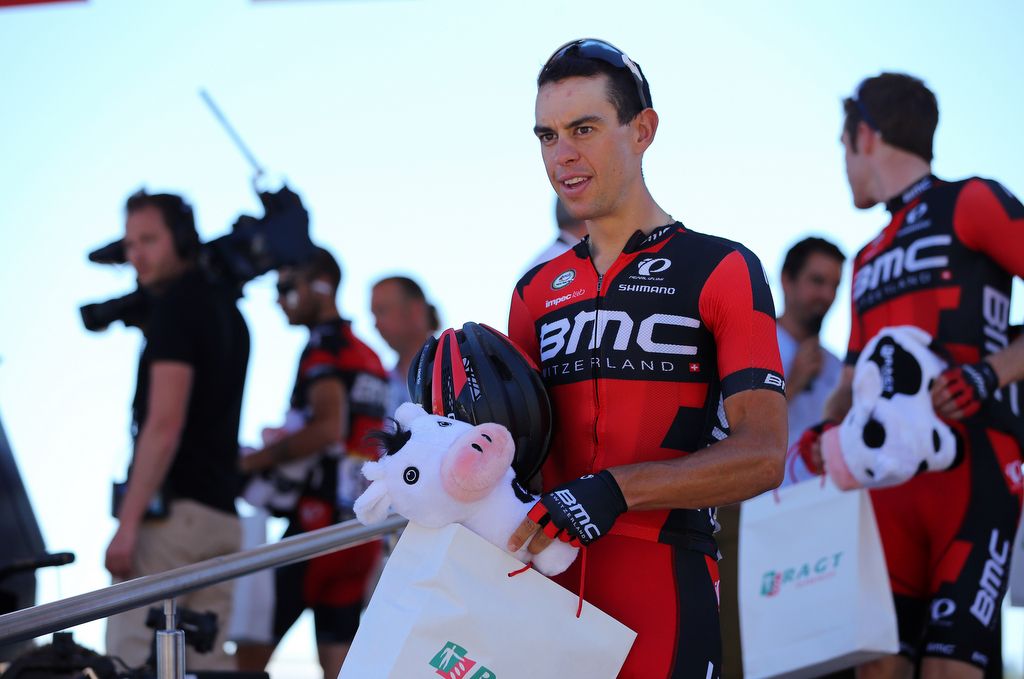 Richie Porte with his prize following the presentation for BMC as the best team from stage 16
