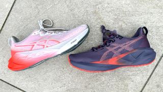 Asics Novablast 4 and Asics Novablast 5 on a sidewalk