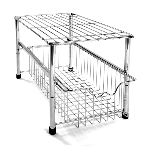 Amtido Under Sink Storage Rack With Sliding Basket Drawer &amp;ndash; Chrome Metal, No Tools Needed Under Sink Storage Kitchen Organiser for Pantry, Bathroom, Countertop, Cleaning Supplies &amp;ndash; 43x28x26cm