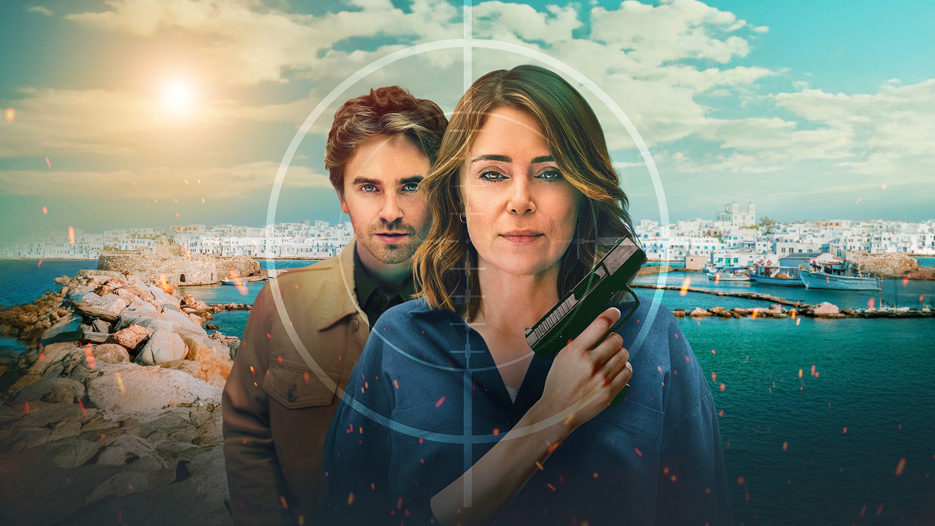Julie and Edward in a press shot for The Assassin - both looking into the camera with a target on them. Julie is holding a gun