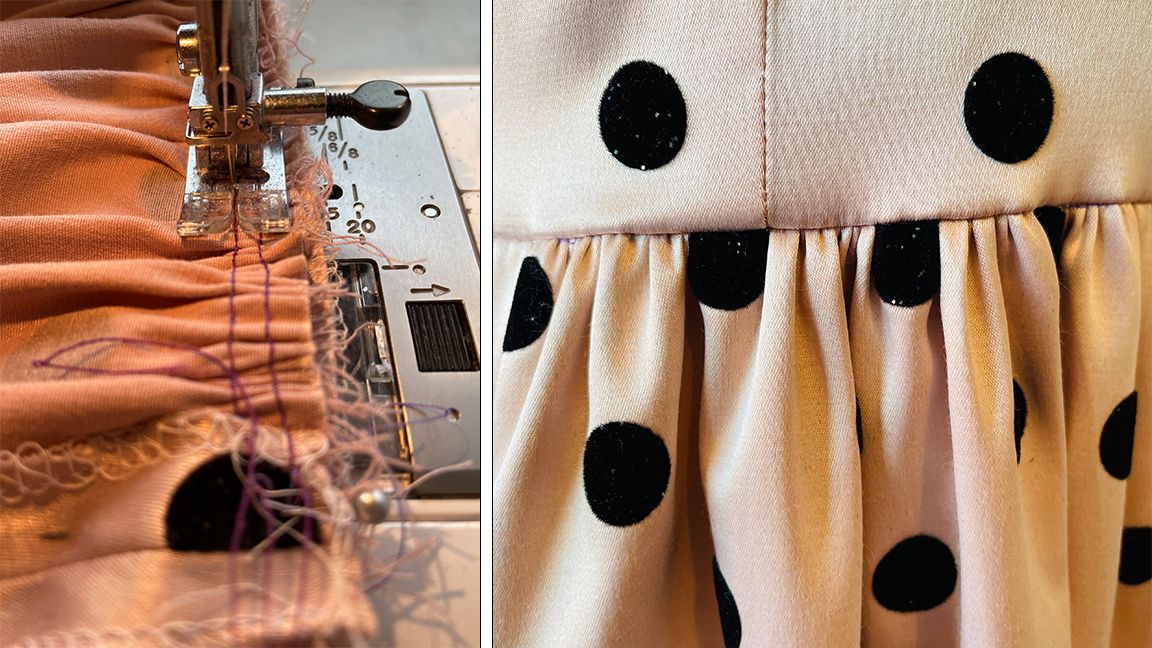 How to sew beginners; fabric on a sewing machine and the final dress