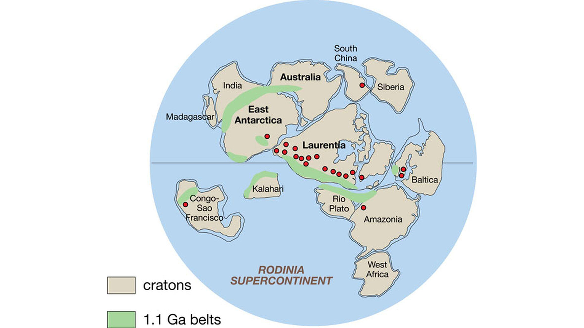 An illustration of the Rodinia supercontinent.