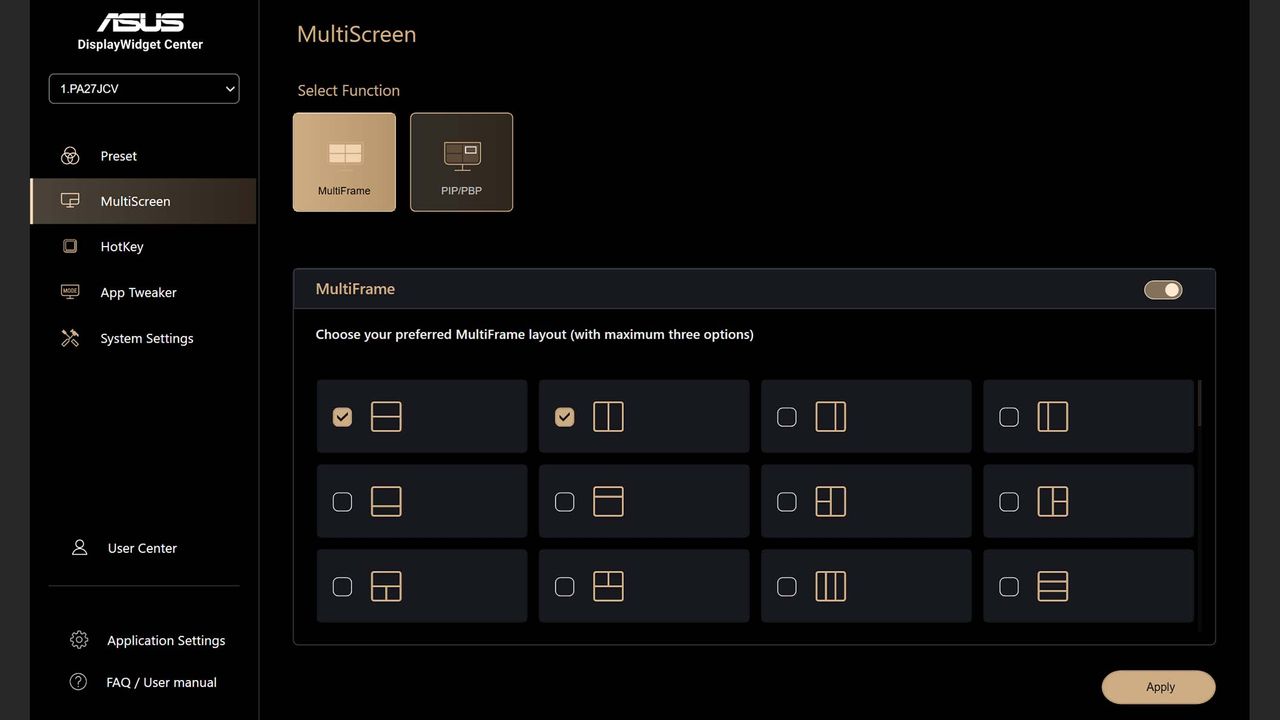 A screenshot of the ASUS Display Widget Center program's Multiscreen menu with multiple window layouts.