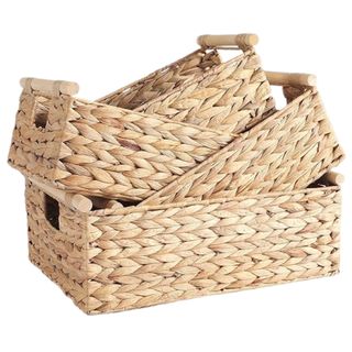 Four piece varied sizes water hyacinth rectangular storage baskets with handles 