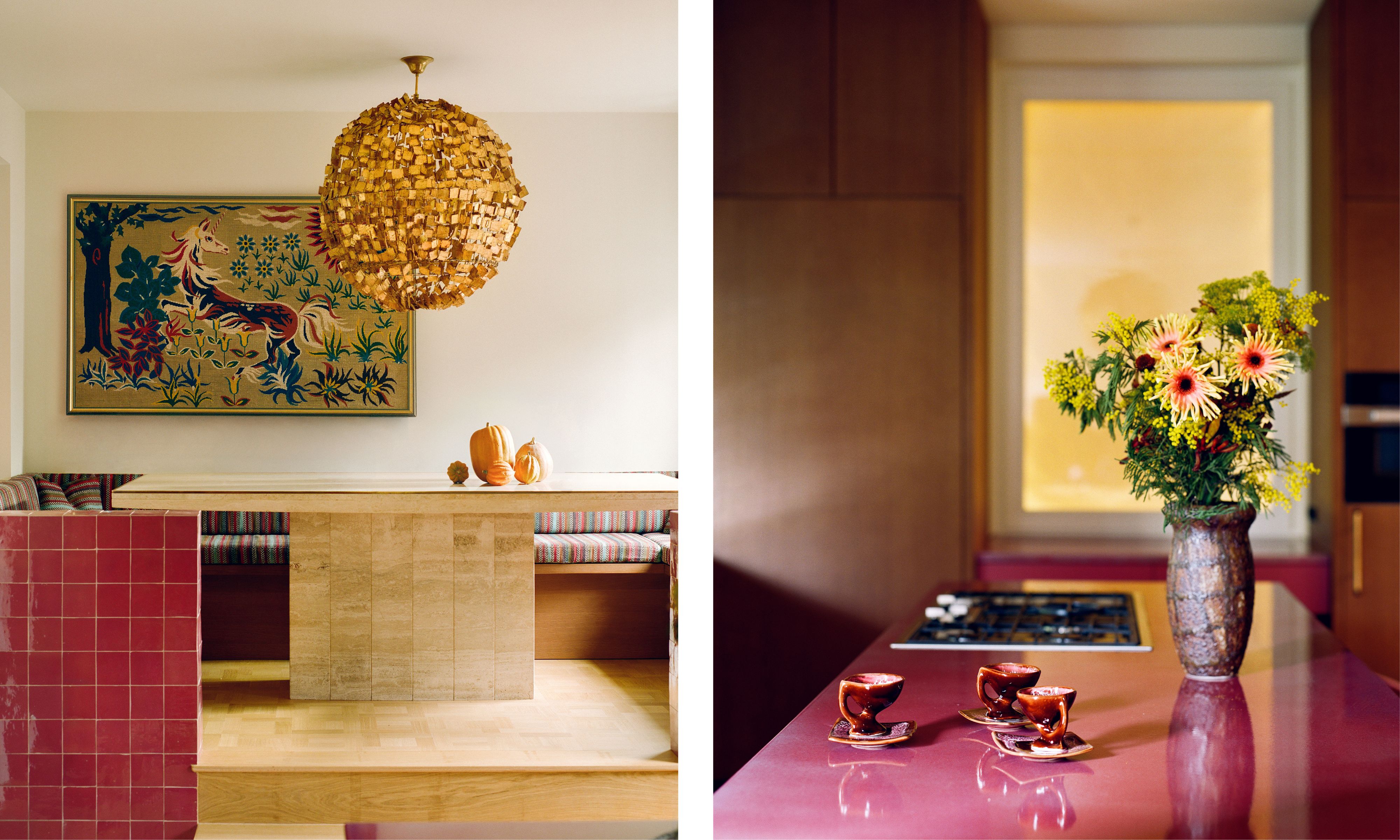 two side by side images of an eclectic kitchen in Brussels with pink zellige tiled island, pink lava stone counters and a banquette seat