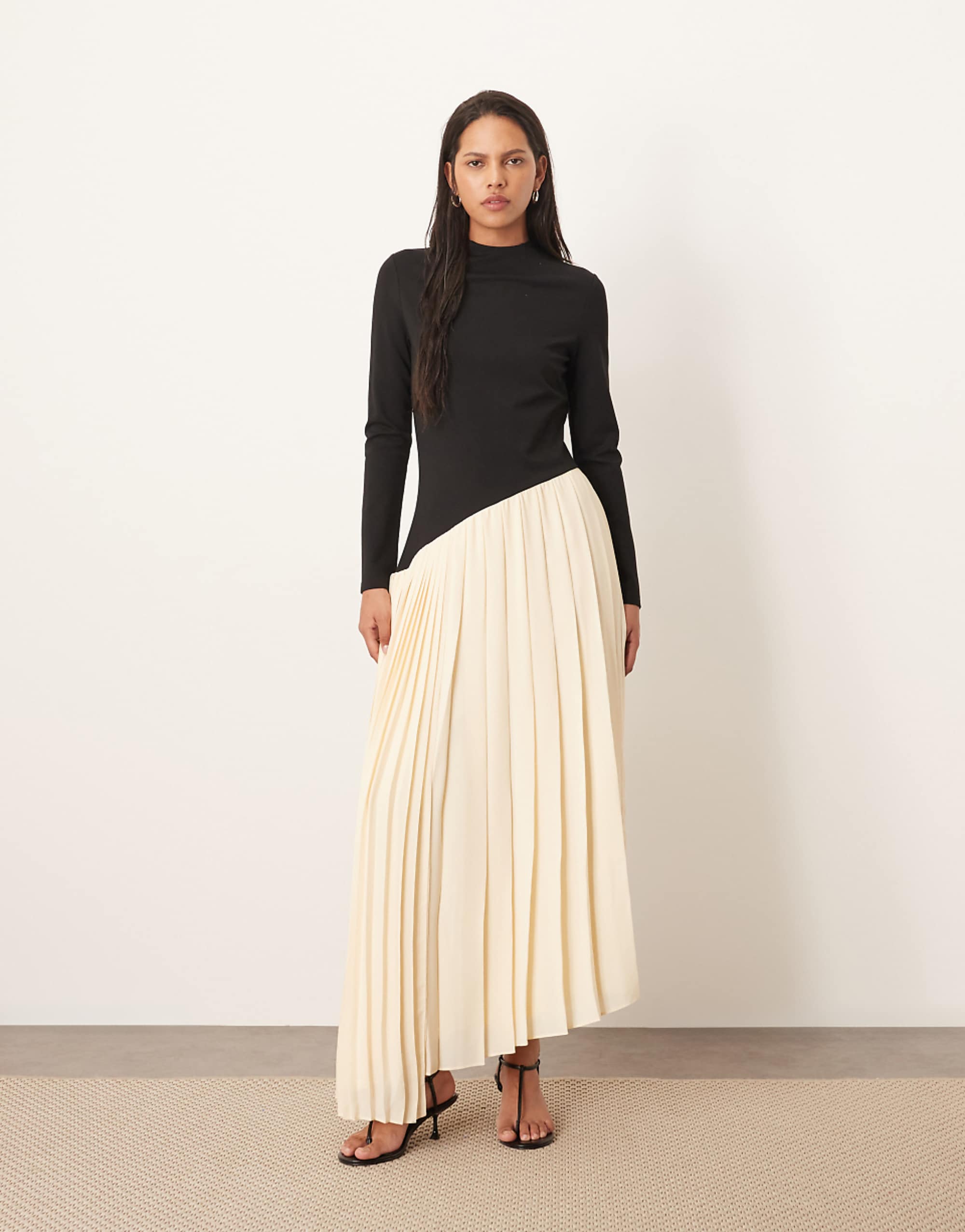 Arrange Contrast Fabric Sculpted Maxi Dress With Pleat Skirt in Black