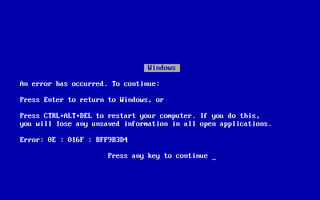 Windows 95 "Blue Screen of Death" error message.