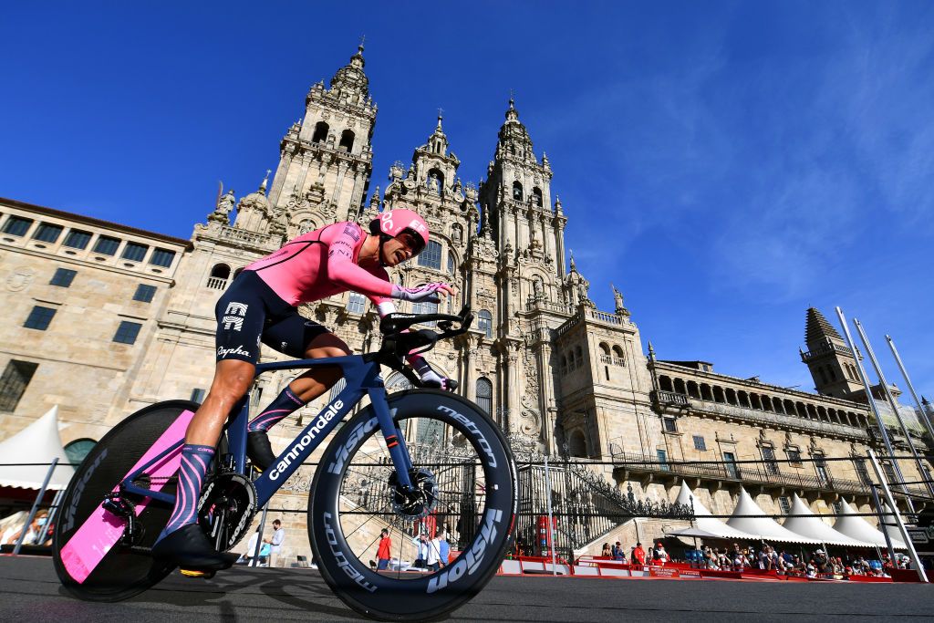 SANTIAGO DE COMPOSTELA SPAIN SEPTEMBER 05 Magnus Cort Nielsen of Denmark and Team EF Education Nippo competes in the Plaza del Obradoiro with the Cathedral in the background during the 76th Tour of Spain 2021 Stage 21 a 338 km Individual Time Trial stage from Padrn to Santiago de Compostela lavuelta LaVuelta21 ITT on September 05 2021 in Santiago de Compostela Spain Photo by Stuart FranklinGetty Images
