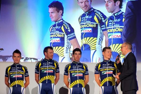 The riders are interviewed on stage