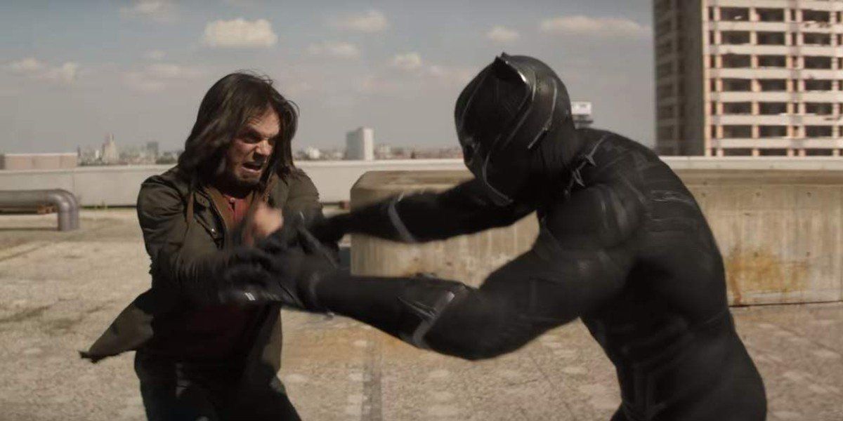 Bucky Barnes (Sebastian Stan) and Black Panther (Chadwick Boseman) fight in Captain America: Civil War (2016)