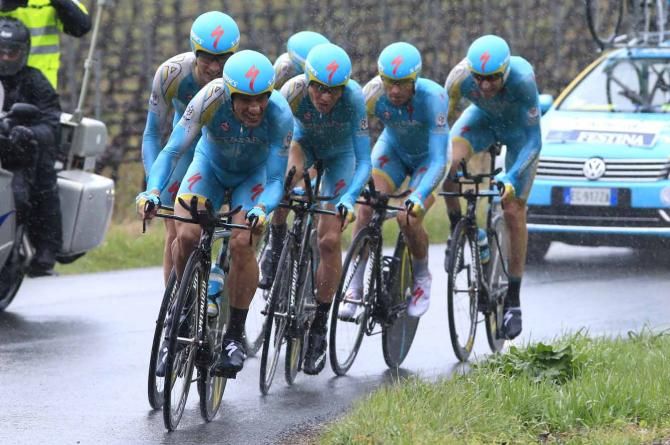 Paolo Tiralongo leads Astana during the Tirreno-Adriatico team time trial.