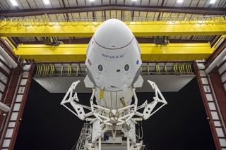 SpaceX's Falcon 9 rocket and Crew Dragon spacecraft are pictured in the hanger at Launch Complex 39 A on May 20, 2020.