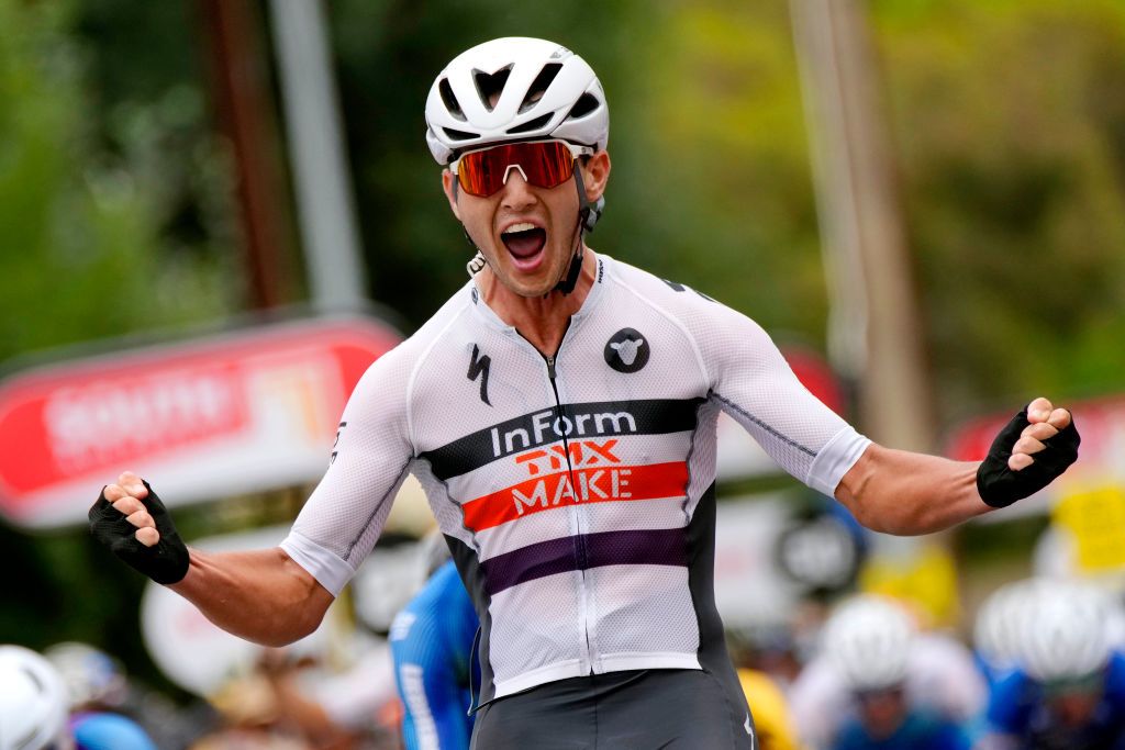 WOODSIDE AUSTRALIA JANUARY 28 Blake Quick of Australia and Team Inform Tmx Make celebrates winning during the 2nd Santos Festival Of Cycling 2022 Mens Elite Stage 2 a 1129km stage from Mount Lofty to Onkaparinga Valley Road Woodside TourDownUnder on January 28 2022 in Woodside Australia Photo by Daniel KaliszGetty Images