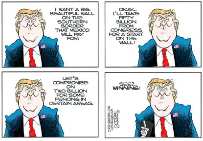 Political Cartoon U.S. Trump Wall Negotiation