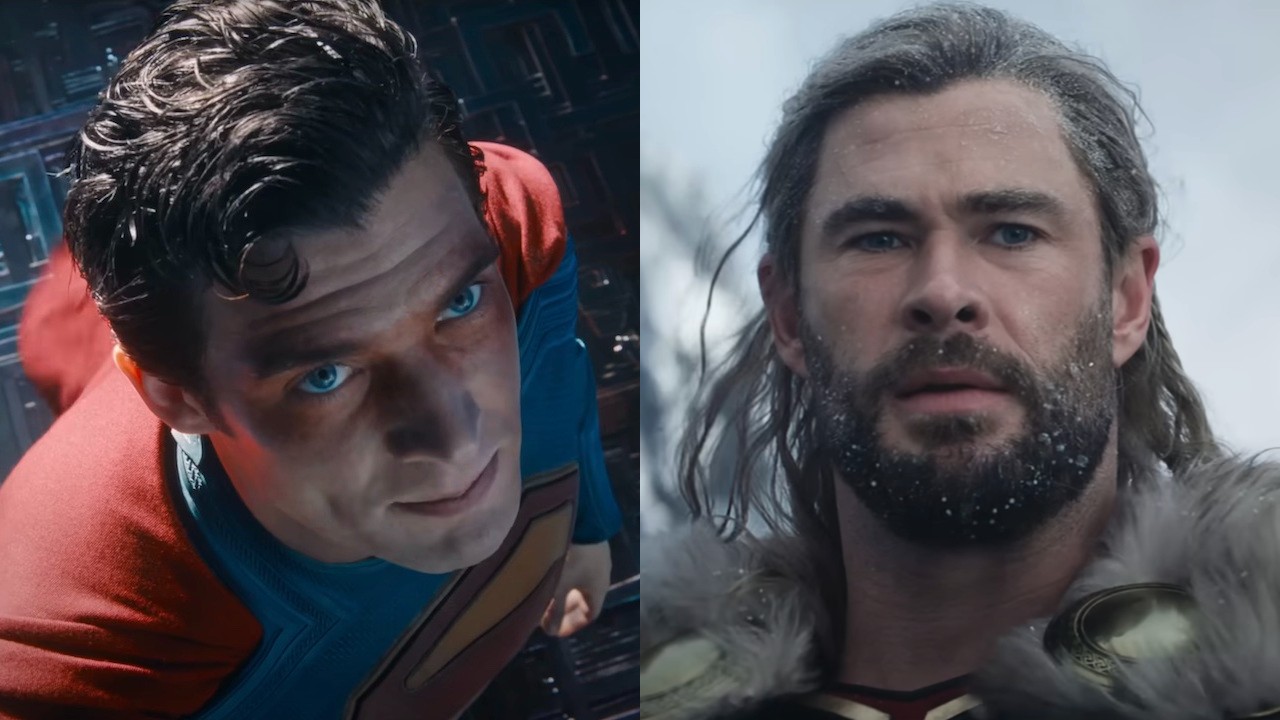 Superman (David Corenswet) looks up in Superman, while Thor (Chris Hemsworth) looks at a fallen friend in Thor: Love and Thunder