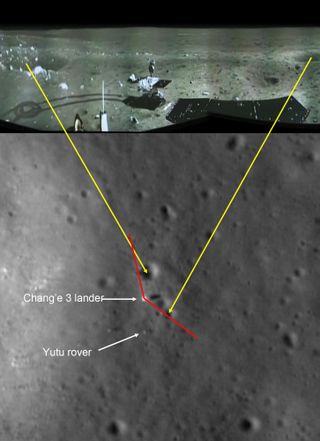 This panorama shows China's Chang'e 3 moon lander and its Yutu lunar rover shortly after it drove down the ramp to the surface. Yellow lines connect craters seen in the panorama and the LROC image (taken later after the rover had moved by the Lunar Reconn