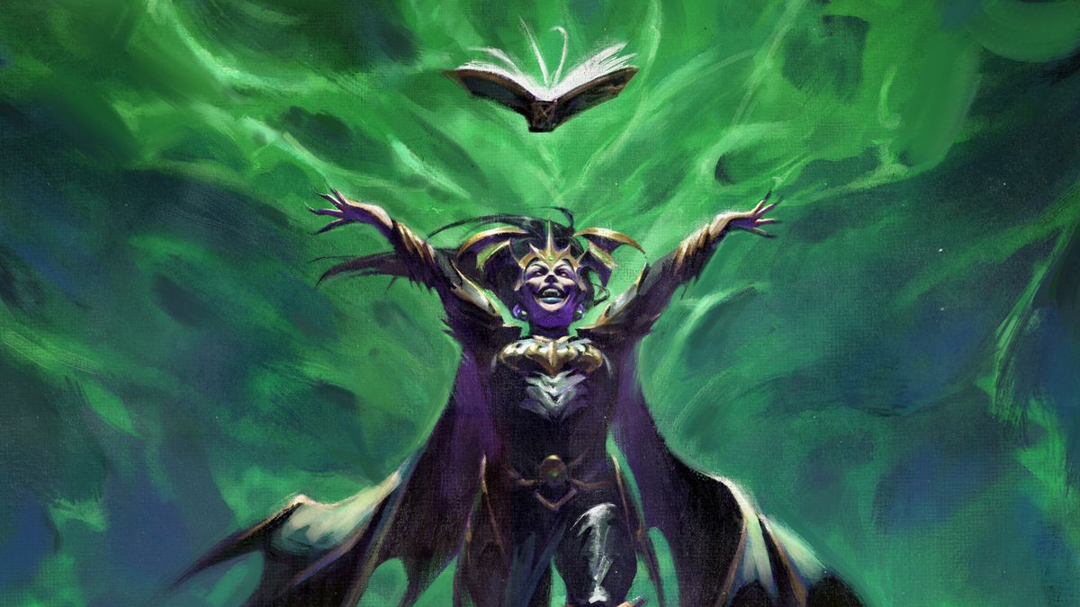 A smiling woman in a crown and jagged armor holds her arms out wide beneath a floating book, with green energy blasting in the background