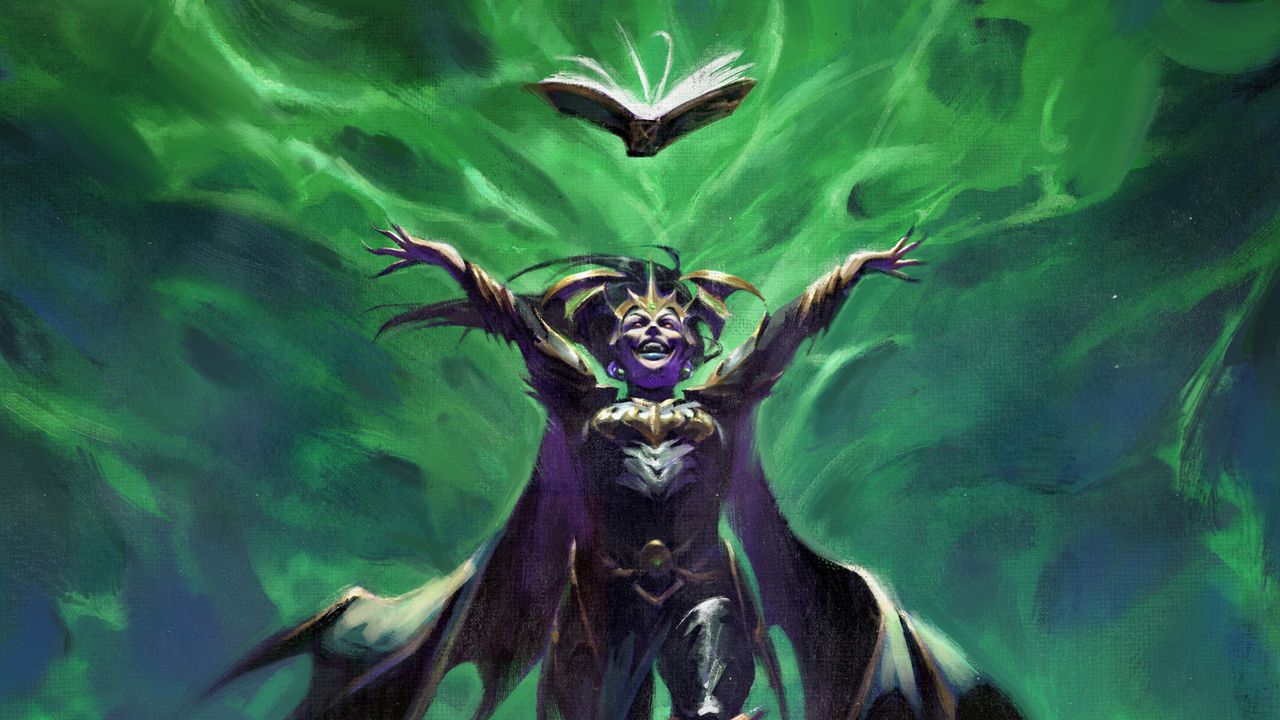 A smiling woman in a crown and jagged armor holds her arms out wide beneath a floating book, with green energy blasting in the background
