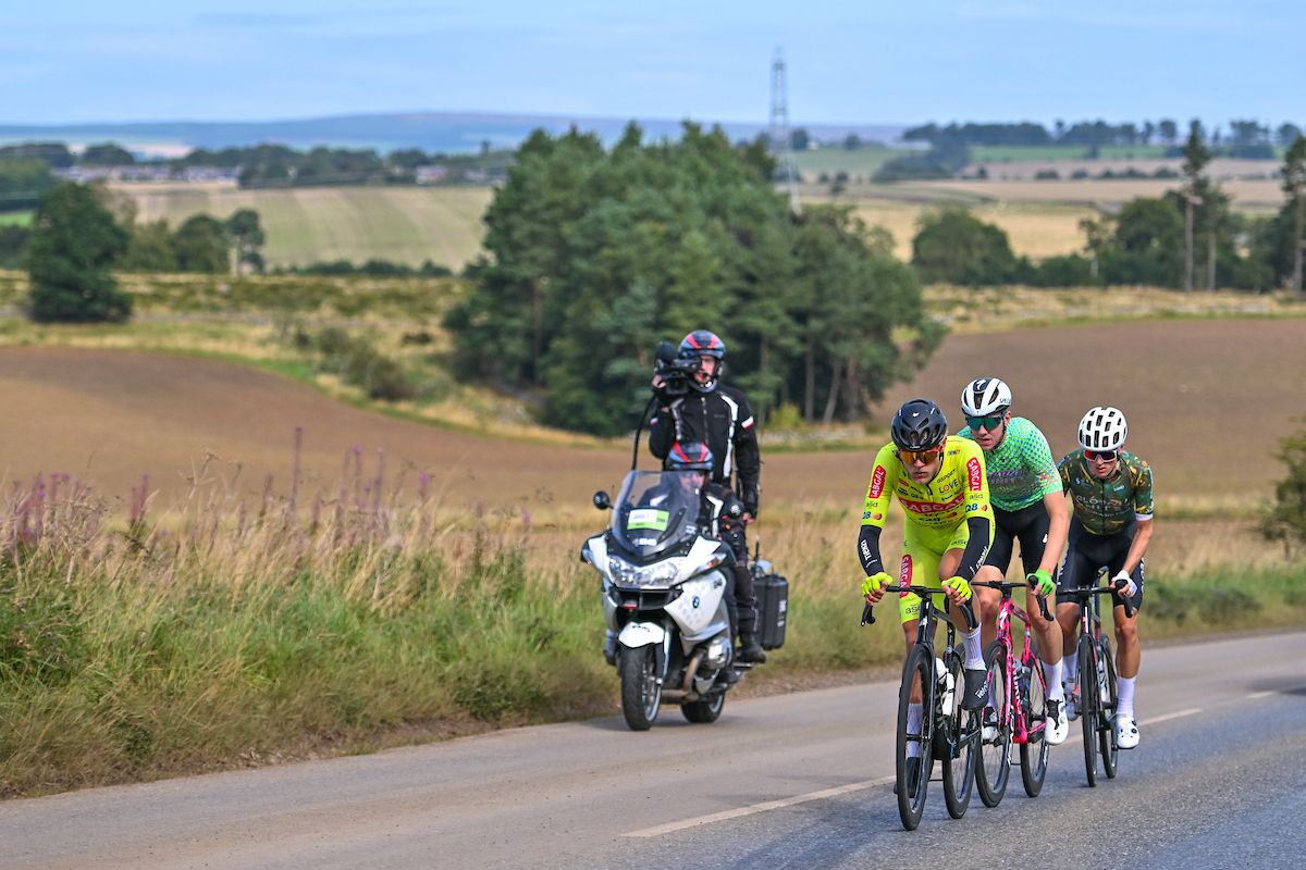 Picture by Will Palmer/SWpix.com - 03/09/2024 - Lloyds Bank Tour of Britain 2024 - Stage 1: The Scottish Borders Stage, Kelso to Kelso, Scotland - Callum Ormiston (Global 6 United), Callum Thornley (TRINITY Racing), Julius Johansen (Sabgal / Anicolor) in the breakaway