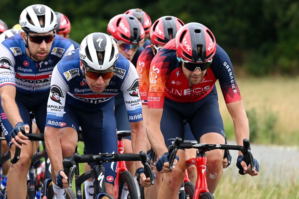 OPOLE POLAND AUGUST 01 LR Jan Hirt of Czech Republic and Team Soudal Quick Step and Laurens De Plus of Belgium and Team INEOS Grenadiers during the 80th Tour de Pologne 2023 Stage 4 a 1991km stage from Strzelin to Opole UCIWT on August 01 2023 in Opole Poland Photo by Dario BelingheriGetty Images