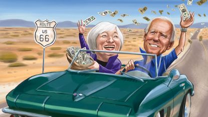 Cartoon of Biden and Yellen throwing money around