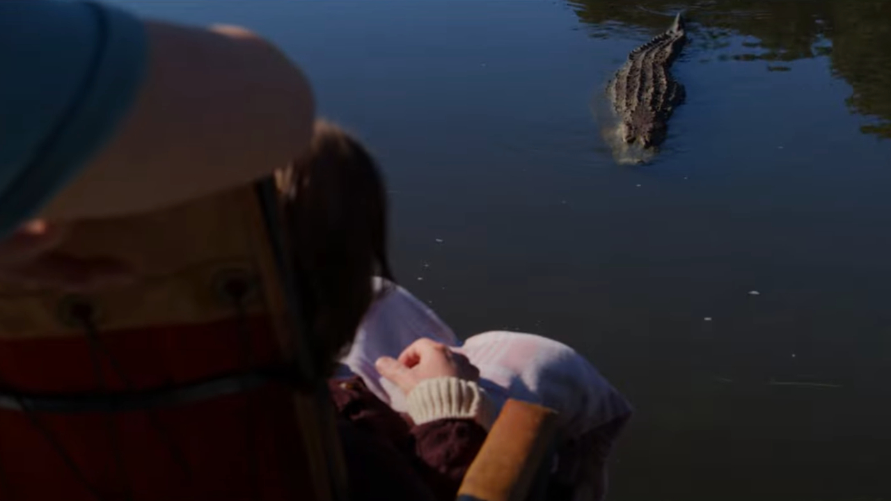 Theda the alligator stalks a human peeking above the surface of the water in Pearl.
