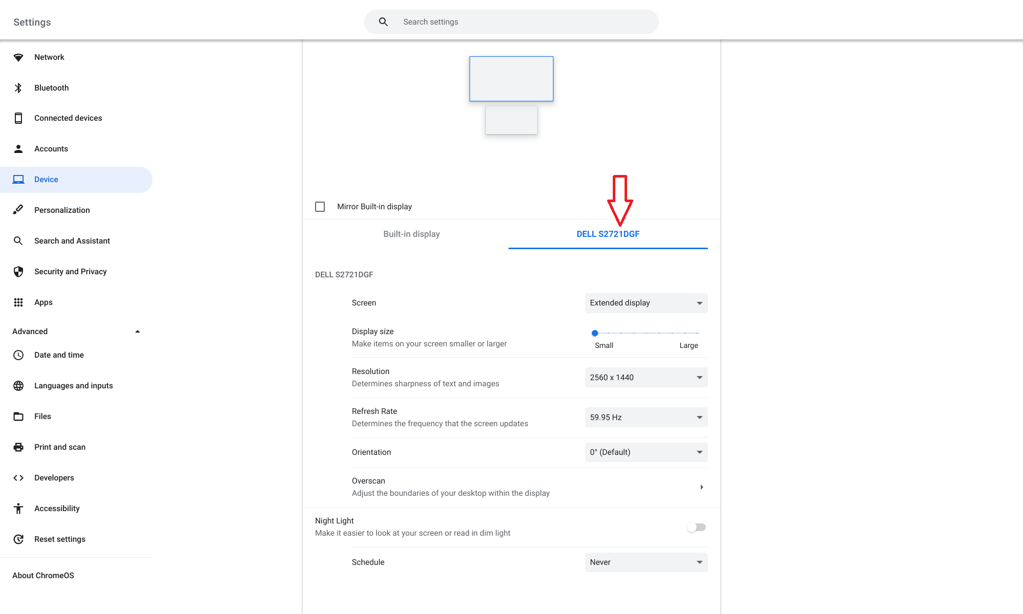 Select connected monitor in ChromeOS settings