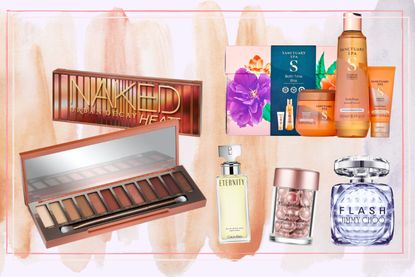 a collage showing the best Prime Day beauty deals including Naked eyeshadow palette, Calvin Klein perfume and a Santuary Spa bath gift set
