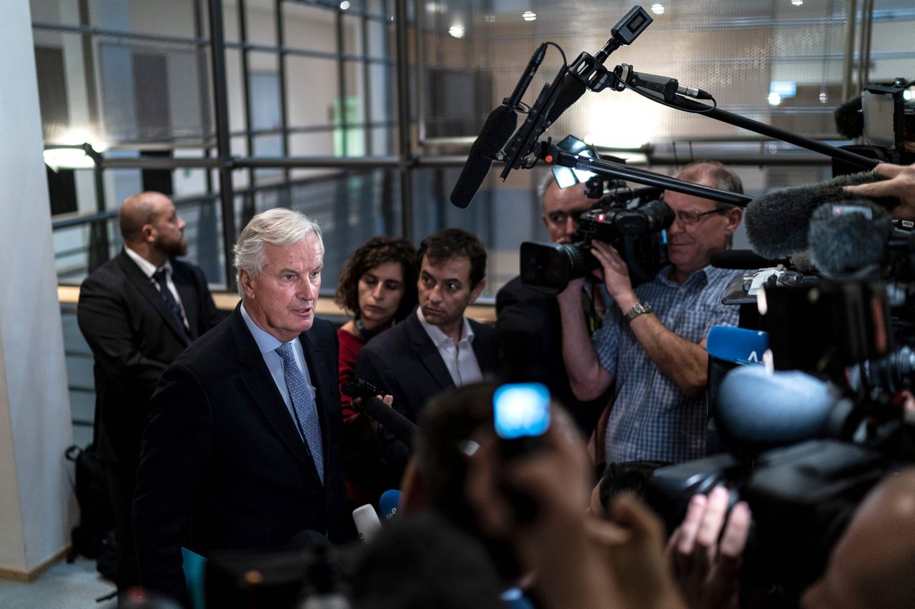 European Union&amp;#039;s chief Brexit negotiator Michel Barnier answers journalists questions as he arrives for a meeting at the European Parliament in Brussels on October 2, 2019. (Photo by Kenzo TR