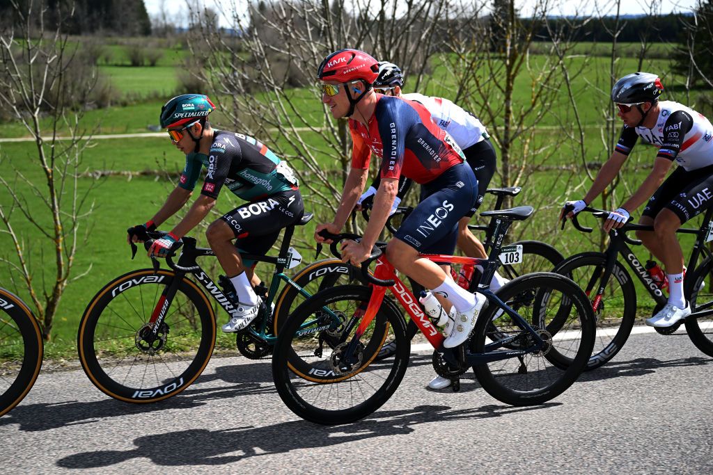 LA CHAUXDEFONDS SWITZERLAND APRIL 27 LR Sergio Higuita of Colombia and Team BORAHansgrohe and Ethan Hayter of United Kingdom and Team INEOS Grenadiers compete during the 76th Tour De Romandie 2023 Stage 2 a 1627km stage from Morteau to La ChauxdeFonds UCIWT on April 27 2023 in La ChauxdeFonds Switzerland Photo by Dario BelingheriGetty Images