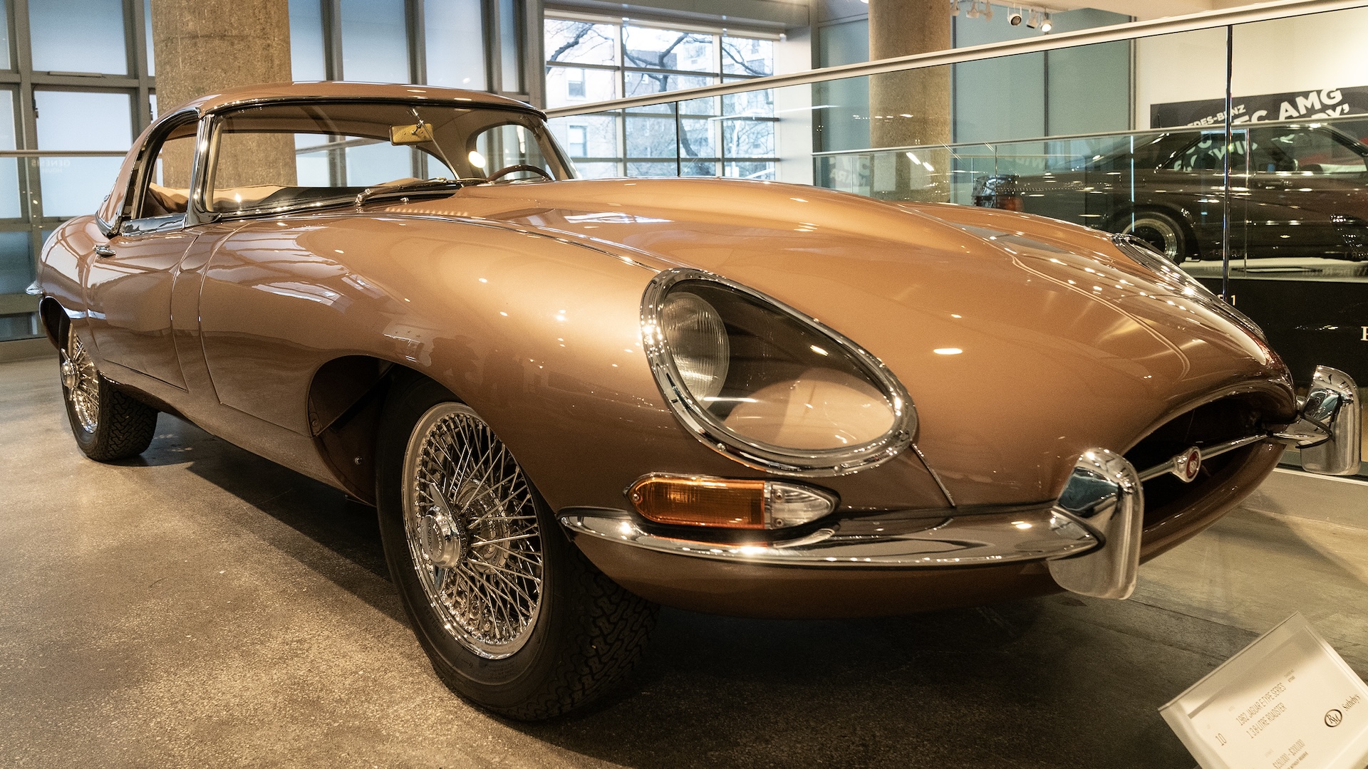 NEW YORK, UNITED STATES - 2023/11/30: 1962 Jaguar E-type series 1 3.8-litre Roadster car seen during Sotheby's luxury sales press preview at the auction house. (Photo by Lev Radin/Pacific Press/LightRocket via Getty Images)