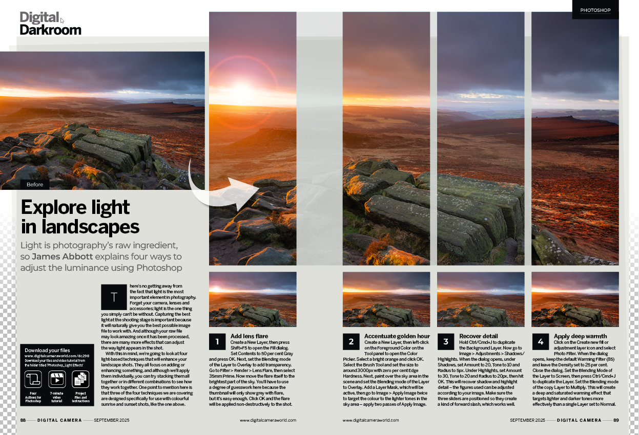 Image showing the Get the Look tutorial in issue 298 (September 2025) of Digital Camera magazine, explaining how to adjust the luminance in photos of landscapes using Adobe Photoshop