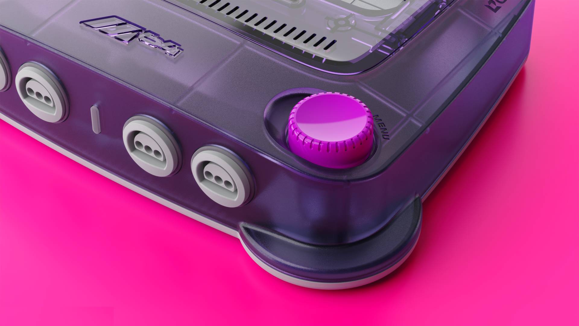 Close up of Modretro M64 dial button in purple.