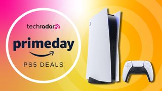 A Sony PS5 console and controller on a yellow background with Prime Day PS5 deals text